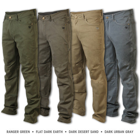four pairs of tactical pants Ranger Green. Flat Dark Earth. Dark Desert Sand. Dark Urban Gray